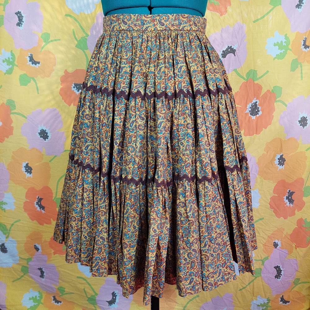Vintage Handmade Square Dancing Skirt Brown Yellow Paisley Tiered XS
